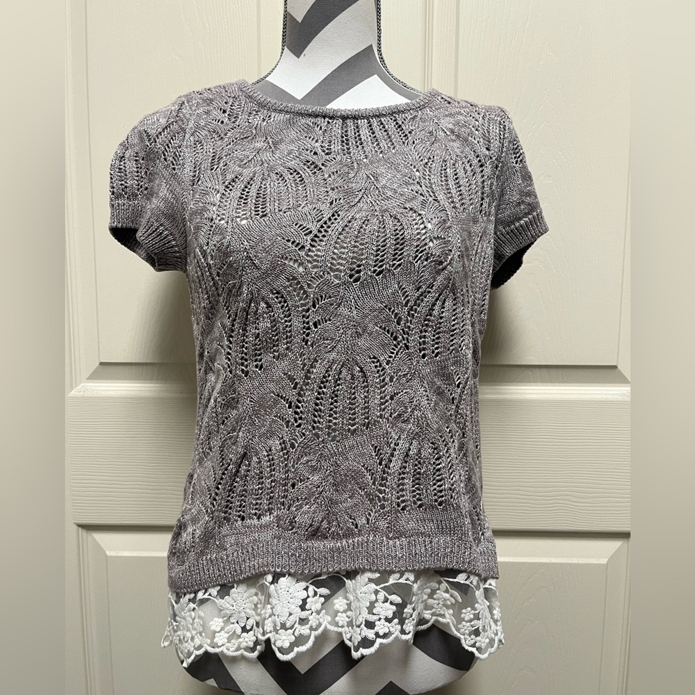 INC International Concepts Open Knit Sweater in Gray with Ivory Lace Trim